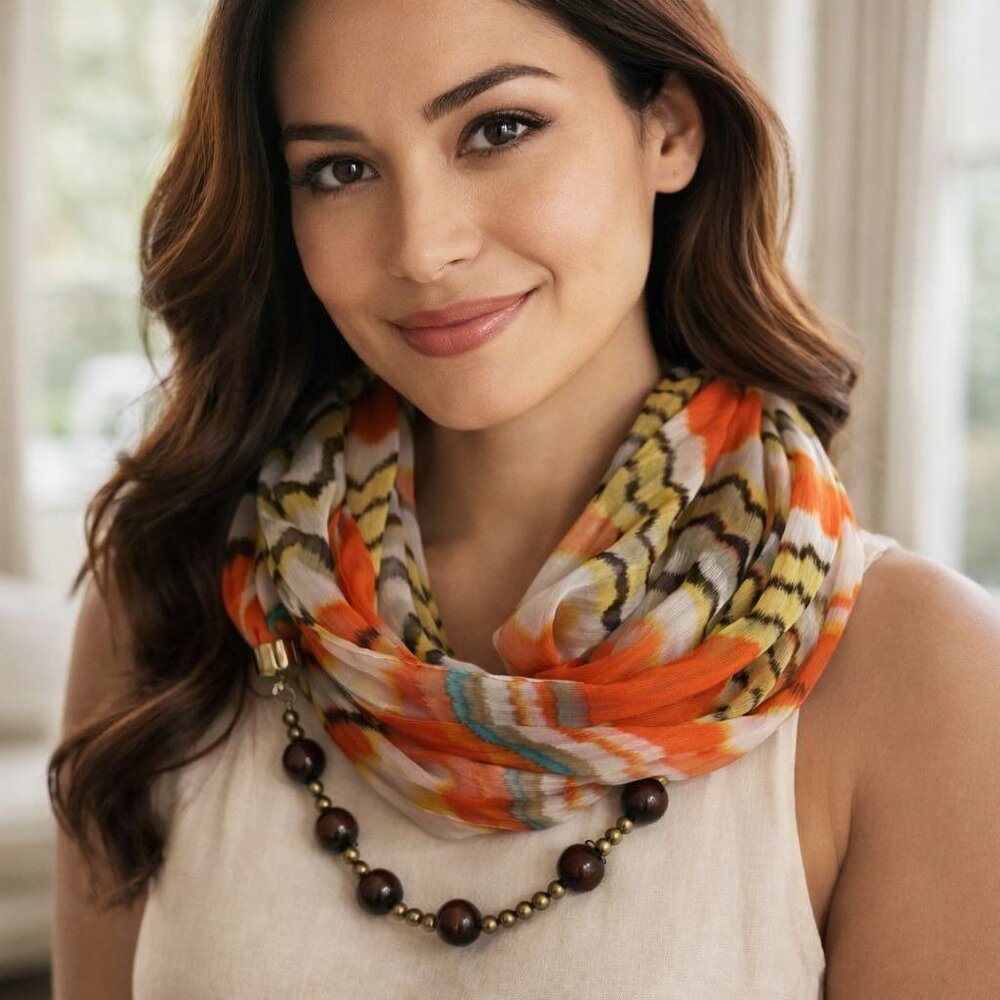 Estee Lilly Infinity Jewelry Scarf Orange Chevron Sheer Beaded Necklace Accessor